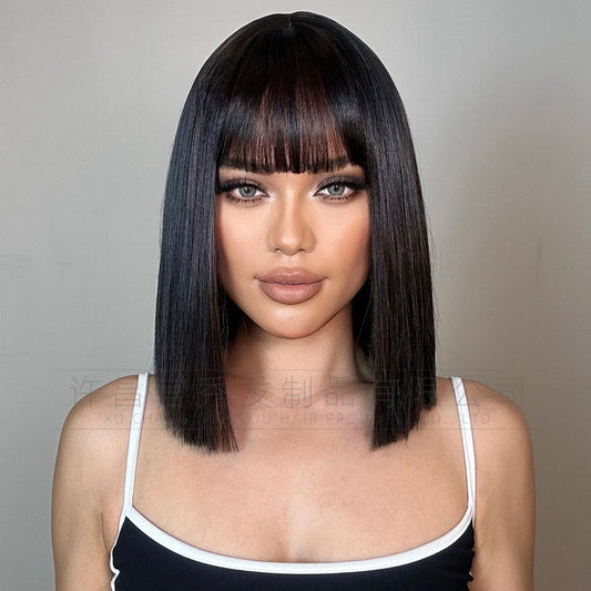 12-inch black synthetic bob wig with straight bangs - product view 04